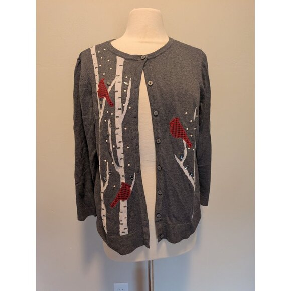 Cardinal-Themed Gray Cardigan Sweater With Button Front & Birch Tree Design - Picture 1 of 5